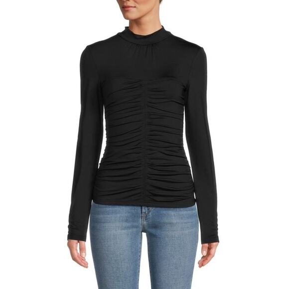 RACHEL PARCELL Top Size Large Ruched Fitted Mockneck Long Sleeve Black Spandex - Picture 2 of 12